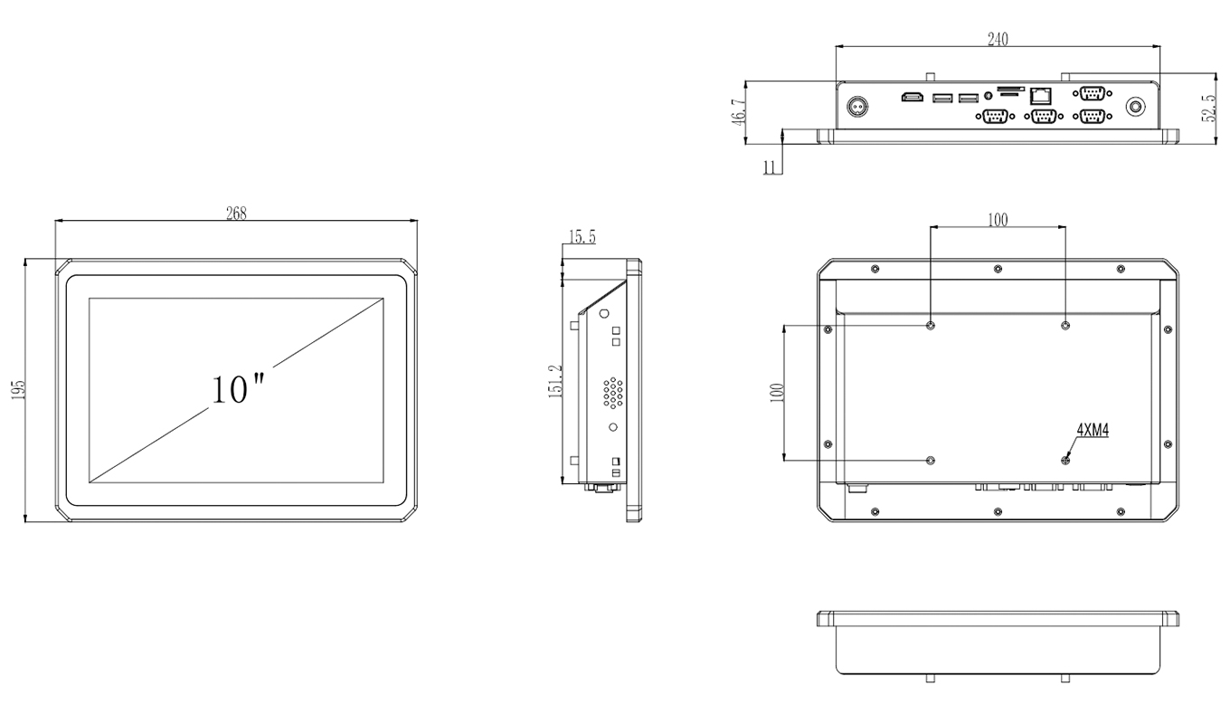 Dimension of 10 inch RK3288/RK3399 Android Vehicle Mount Computer