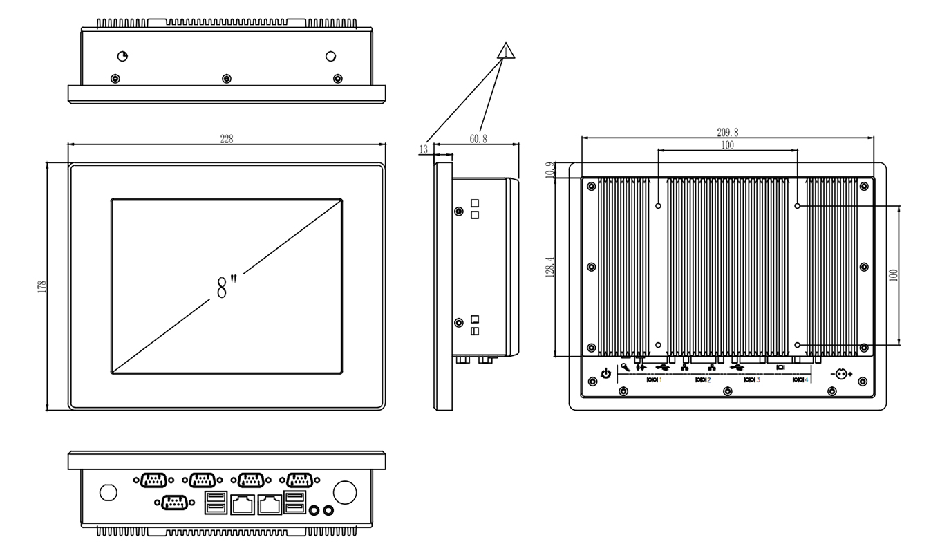 Dimension of 8 inch J1900 Core I3/I5/I7 Resistive Touch Panel PC