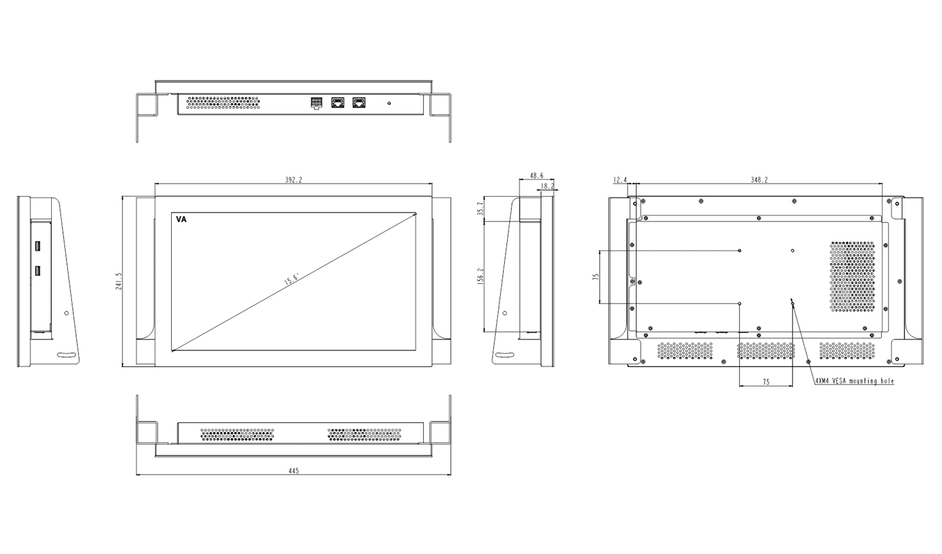 Dimension of 15.6 Inch Open Frame Intel J6412 Capacitive Panel PC