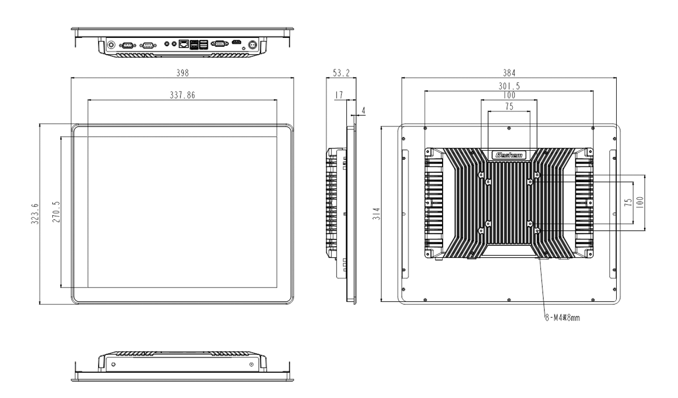 Deminsion of 17.0 Inch Intel 8th Gen. i3/i5/i7 Economy Capacitive Panel PC